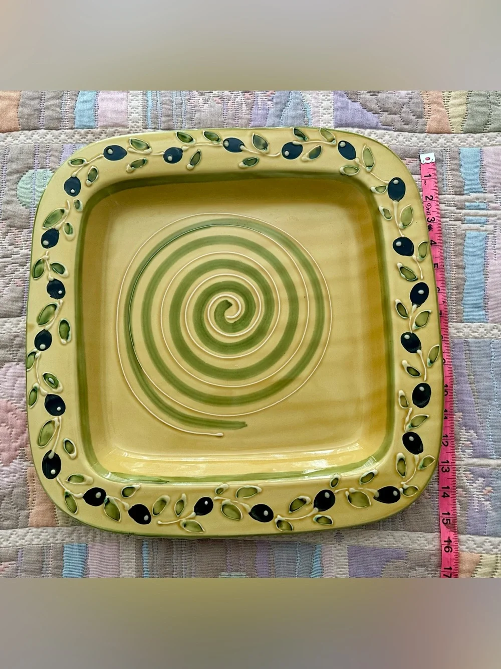 ZRIKE Vintage Yellow Spiral Ceramic Serving Platter with Olive Motif Minor Flaws